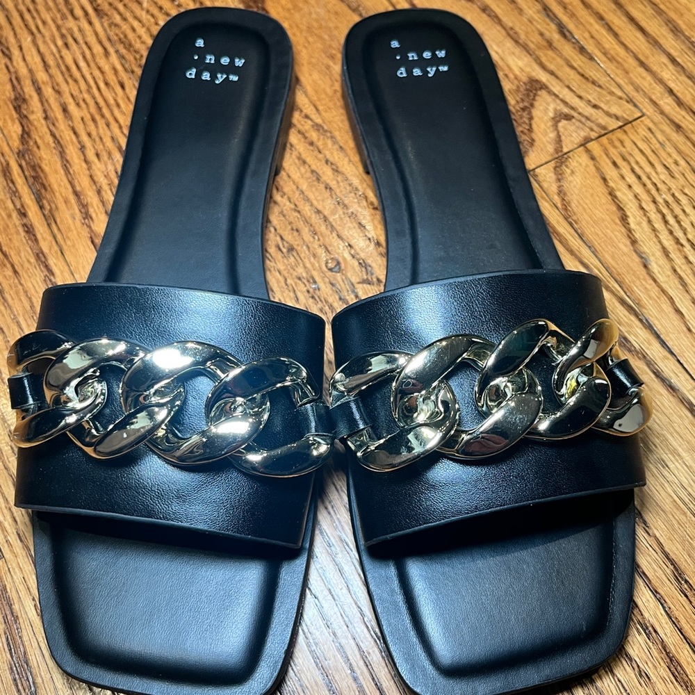 A New Day Black Sandals with Gold Chain Accent